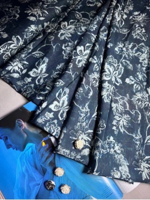 Шелк "Атланта" синий с принтом маленькие цветы