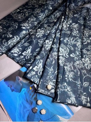 Шелк "Атланта" синий с принтом маленькие цветы